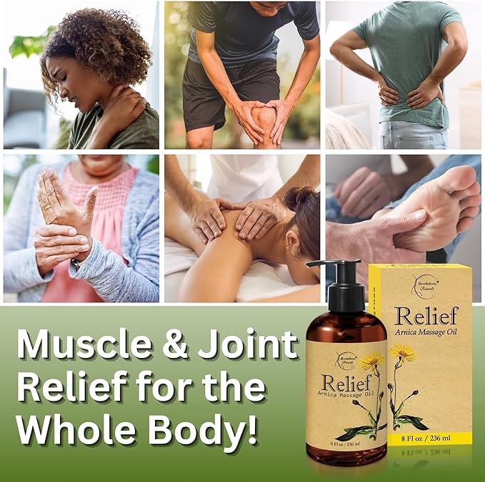 Relief Arnica Massage Oil for Massage Therapy, Home Use & Therapeutic Massaging | Great for Lymphatic Drainage, Sore Muscles & Joints | All Natural with Arnica Montana & Lemongrass Essential Oil