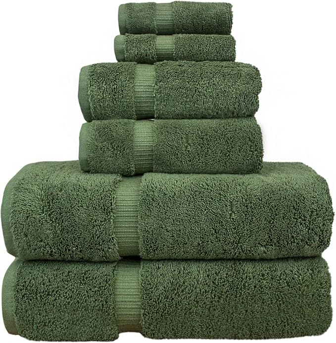 Luxury Hotel & Spa Quality, Quick Dry 100% Turkish Cotton, 700 GSM, Eco Friendly Towel, Bathroom and Kitchen Dobby Border Towels, 2-Bath Towel, 2-Hand Towel, 2-Washcloth (Bundle Set of 6, Moss)