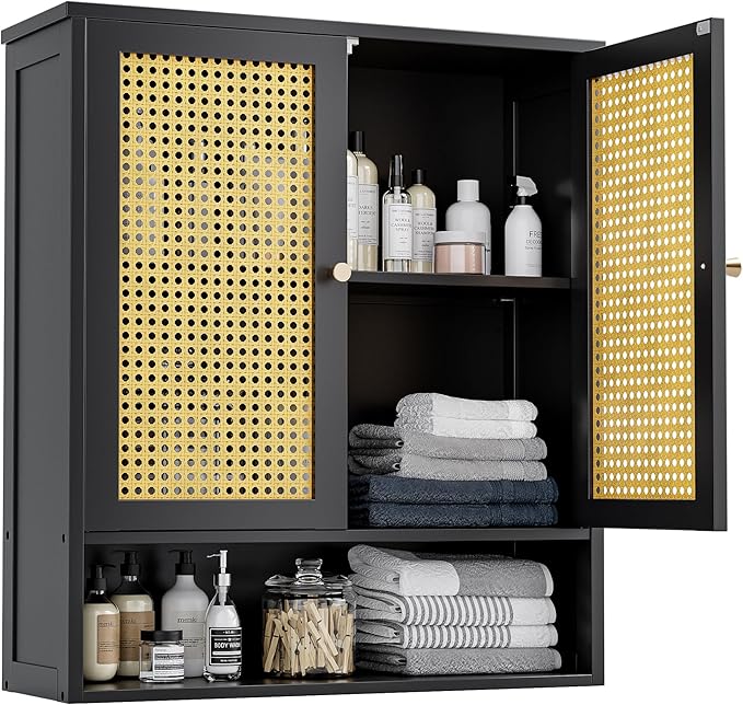 Bathroom Wall Cabinet, Bamboo Over-The-Toilet Storage Organizer with 2 Rattan Doors and Adjustable Shelf, Space Saver Medicine Cabinet for Laundry, Kitchen, Living Room (Black)