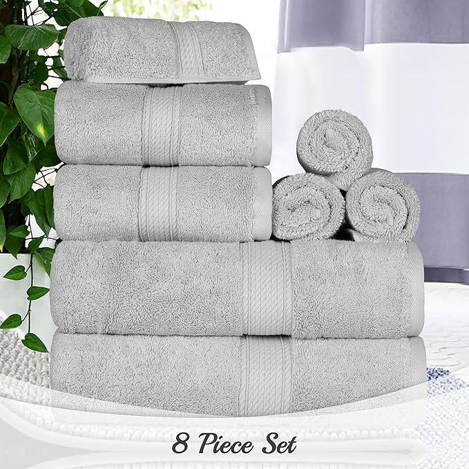 Superior Egyptian Cotton Pile 8 Piece Towel Set, Includes 2 Bath, 2 Hand, 4 Face Towels/Washcloths, Ultra Soft Luxury Towels, Thick Plush Essentials, Guest Bath, Spa, Hotel Bathroom, Silver