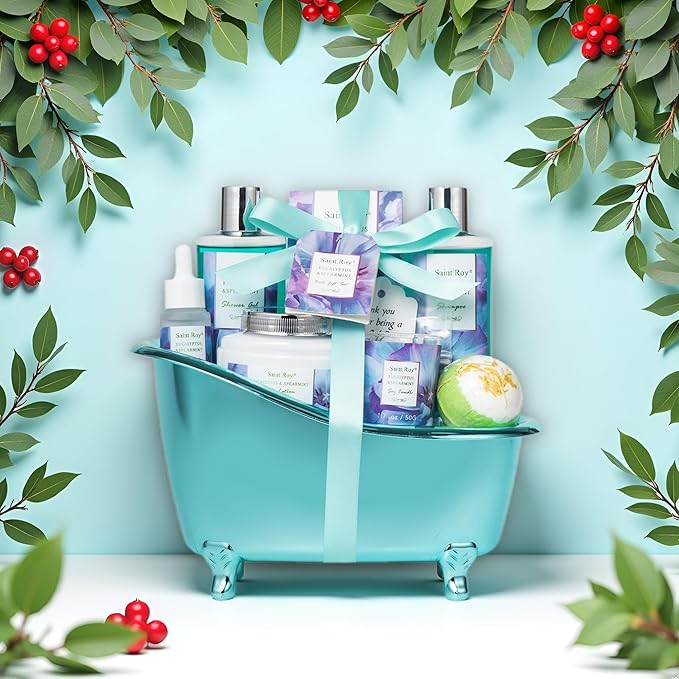 Bath and Body Basket Set Luxury EUCALYPTUS & Mint Spa Gift Basket for Women, Unique Bath Gift Baskets Gifts, Home Spa Kit Christmas Gifts for Women, birthday gift baskets for Dad Mother's Day