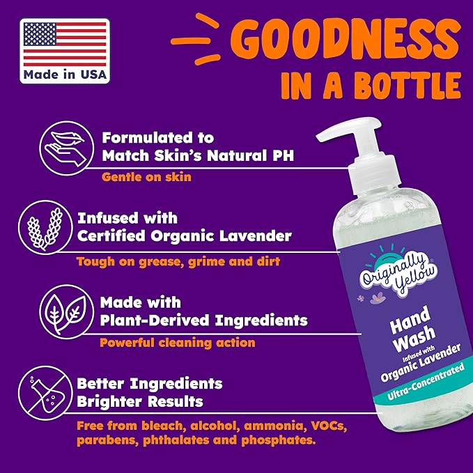 Originally Yellow Plant-Based Hand Soap All Natural Infused with Organic Lavender | Gentle Natural Hand Soap | Pet & Baby-Safe Soap, 16 Fl Oz (3-Pack)