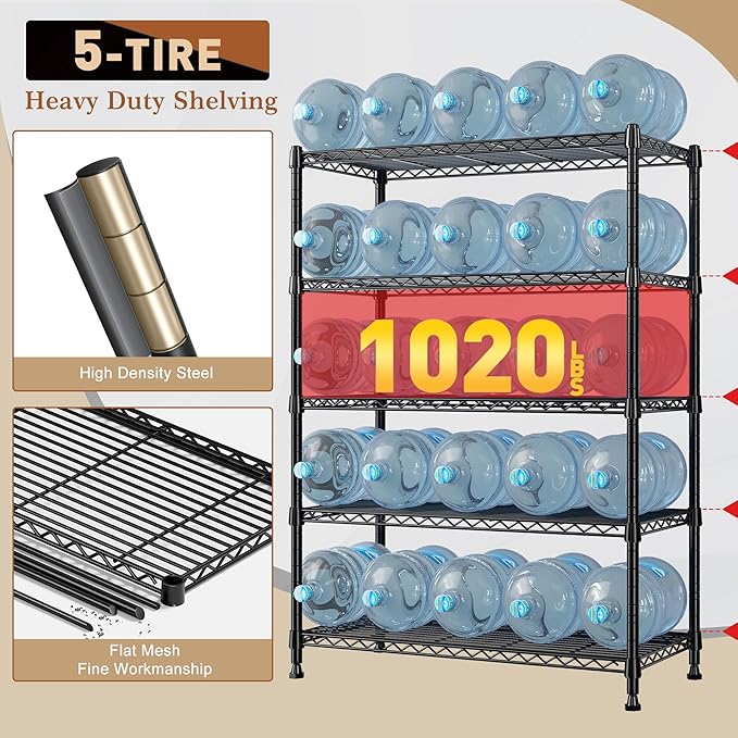REIBII 5-Tier Wire Shelving Rack Storage Shelves Metal Shelves,1020 LBS Adjustable Heavy Duty Metal Shelving Units and Storage for Garage Pantry Bathroom 29" W X 14" D X 63" H