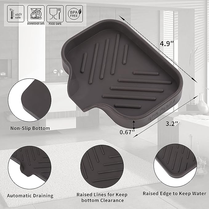 Silicone Bathroom Soap Dishes with Drain Spout-Bathroom and Kitchen Sink Organizer,Sponge Holder,Dish Soap Tray,Perfect for Dispenser,Scrubber,Bottle,Cup on Sink or Counter-Coffee 4.9"×3.2"