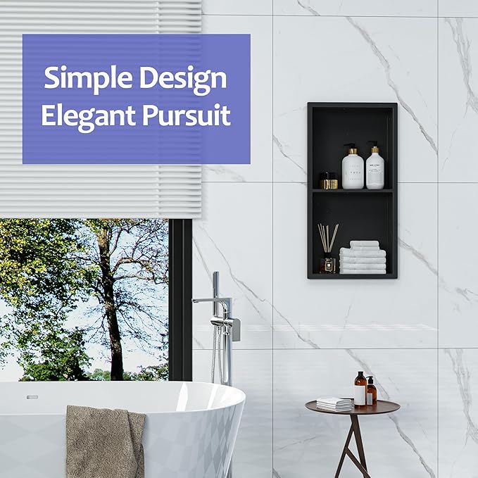 Shower Niche No Tile Needed, 12" X 24"(Inner Size 11"X22.6") Bathroom Niche for Shower Wall, Black Stainless Steel Shower Niche Insert for Bathroom, Recessed 2-Tier Wall Niche Shelf
