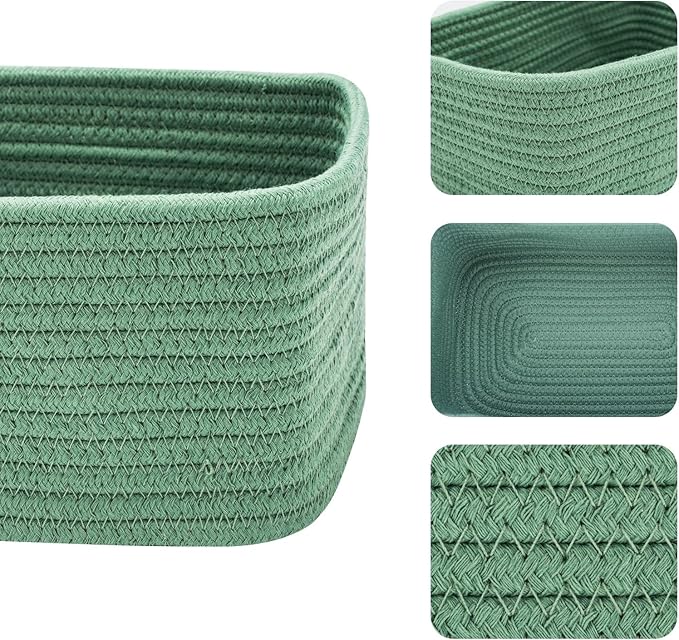 Small Storage Baskets for Organizing | Closet Organizer Bins | Shelf Toy Basket | Woven Rope Baskets | Cube Decorative Box | Shallow Basket | 11.5x7.5x4.7” | 3 Packs Green