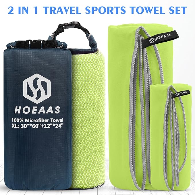 HOEAAS 2 Pack Microfiber Camping Towels, Quick Dry Towel, Super Absorbent Ultra Compact Travel Towel Soft Lightweight Sports Towel for Sweat Fast Drying Towels for Pool,Gym,Hiking,Backpacking,Fitness
