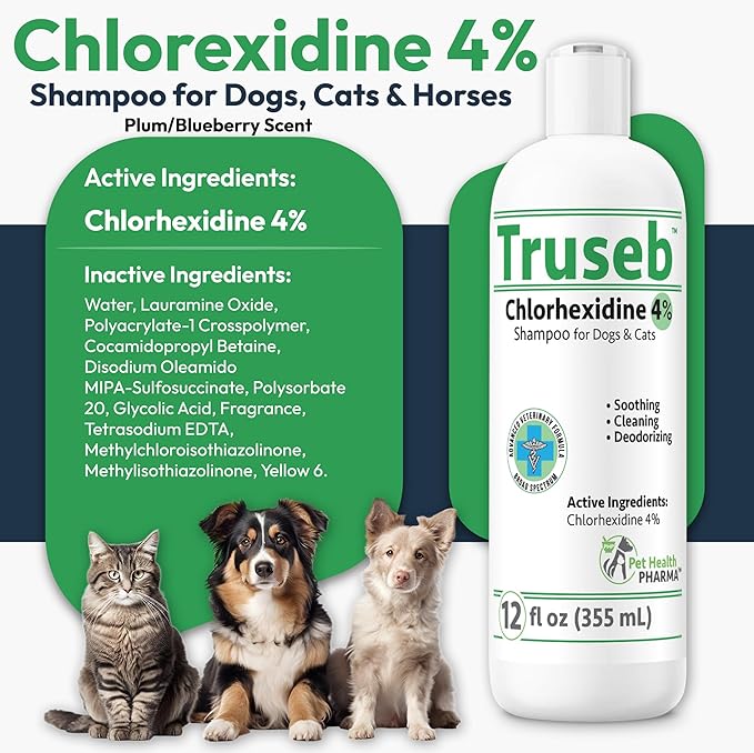 Truseb Topical Chlorhexidine 4% Shampoo for Dogs, Cats & Horses (12 oz)- with Aloe for Cleansing (Chlorhexidine 4% Shampoo, 12 oz)