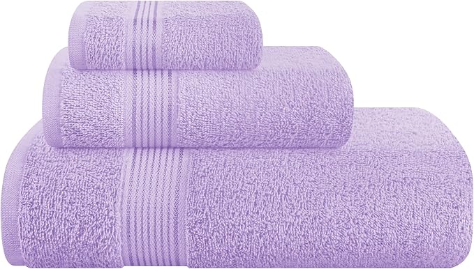 Belizzi Home Ultra Soft 3 Pack Cotton Towel Set, Contains a Bath Towel 28x55 inch, a Hand Towel 16x24 inch & a Wash Coth 12x12 inch, Ideal Everyday use, Compact & Lightweight - Purple