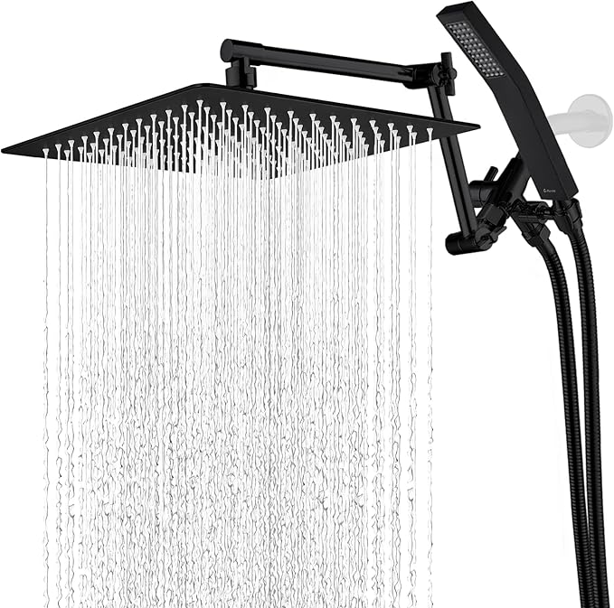 G-Promise All Metal 12 Inches Rainfall Shower Head with Handheld Spray Combo, 3 Settings Diverter, Adjustable Extension Arm with Lock Joints, 71 Inches Stainless Steel Hose (Matte Black)