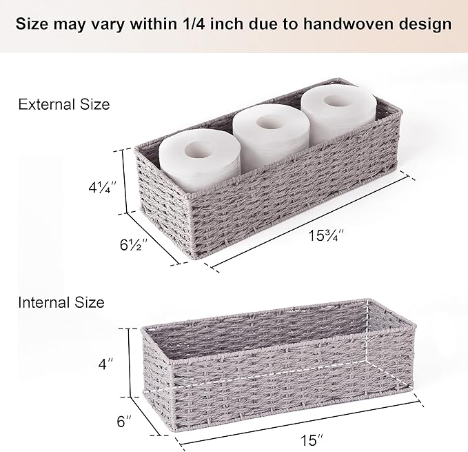 StorageWorks Round Paper Rope Toilet Tank Topper Basket, Wicker Basket for Bathroom, Gray, 2-Pack