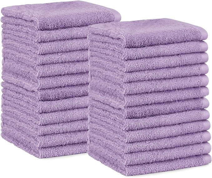 Amazon Basics face Towels for bathroom, 100% Cotton Extra Absorbent washcloth, Fast Drying - salon towel - 24 Pack Lavender (12 x 12 inches)