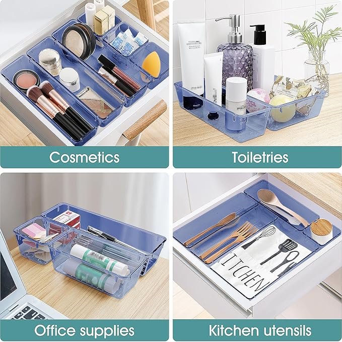WOWBOX 25 PCS Plastic Drawer Organizer Set, 4 Sizes Desk Drawer Divider Organizers and Storage Bins for Makeup, Jewelry, Gadgets for Kitchen, Bedroom, Bathroom, Office, Clear Dark Blue