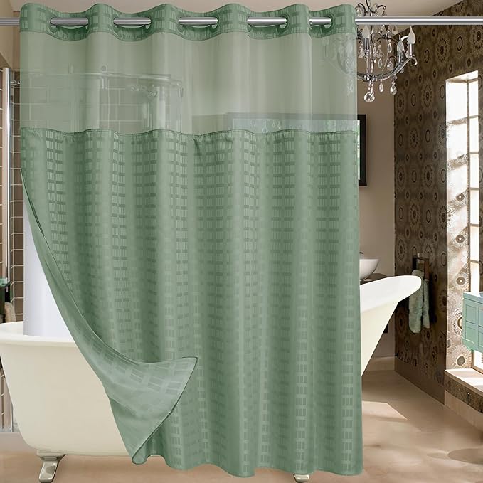 Conbo Mio Extra Wide No Hook Sage Green Shower Curtain with Snap in Liner Set, 108" x 74" Hotel Luxury Shower Curtains for Bathroom with See Through Top Window, Waterproof, Washable 108W x 74H