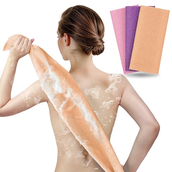 ARCH&M 3-Pack Premium Nylon Exfoliating Towel - 35-Inch Quick-Dry, Hygienic Japanese Washcloth for Body & Back - Durable, Machine Washable, Long-Lasting (Peach Purple Pink)