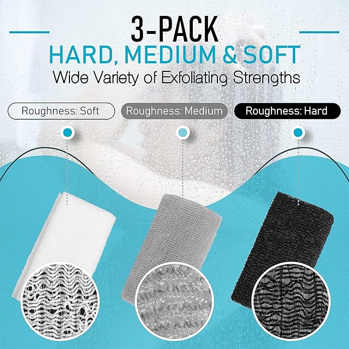 Hula Home Exfoliating Body Washcloth Variety Pack (3pc) - Soft, Medium & Hard - Nylon Body Scrub Cloth - Ideal Bath Shower Back Scrubber for Men & Women - Enhances Skin Beauty