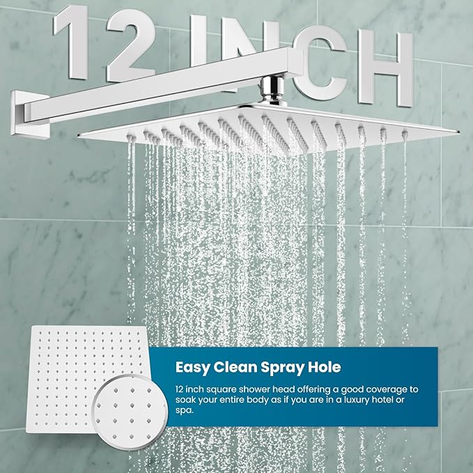 gotonovo Rainfall Bathroom Shower System Rain Shower Head and Handle Set Wall Mounted Shower Complete Combo Solid Brass Pressure Balancing Shower Mixer Valve 12 Inch Polished Chrome