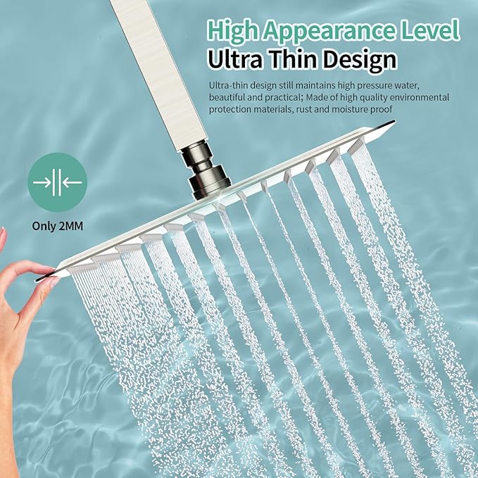SR SUN RISE 12 Inch Rain Shower Head, High Pressure Rainfall Showerhead Large Waterfall Shower Head Ultra Thin Water Saving, Brushed Nickel 304 Stainless Steel