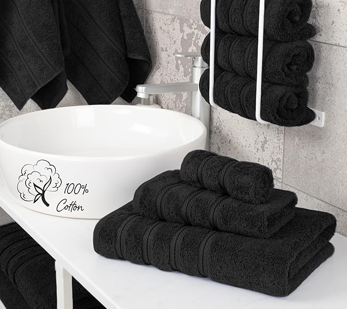 American Soft Linen Premium 3 Piece Towel Set, 1 Bath Towel 1 Hand Towel 1 Washcloth, 600 GSM 100% Cotton Turkish Towels for Bathroom, Black Towel Set