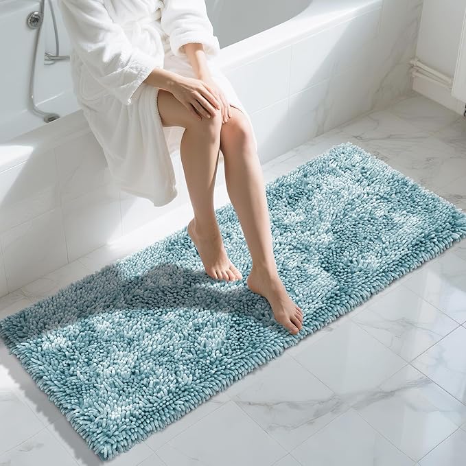 Yimobra Long Bathroom Rugs Runner 60x24 Inch, Extra Thick Soft Absorbent Chenille Bath Mat, Non Slip Machine Washable, Quick Dry Bath Rugs for Bathroom Floor, Tub and Shower, Greyish Blue