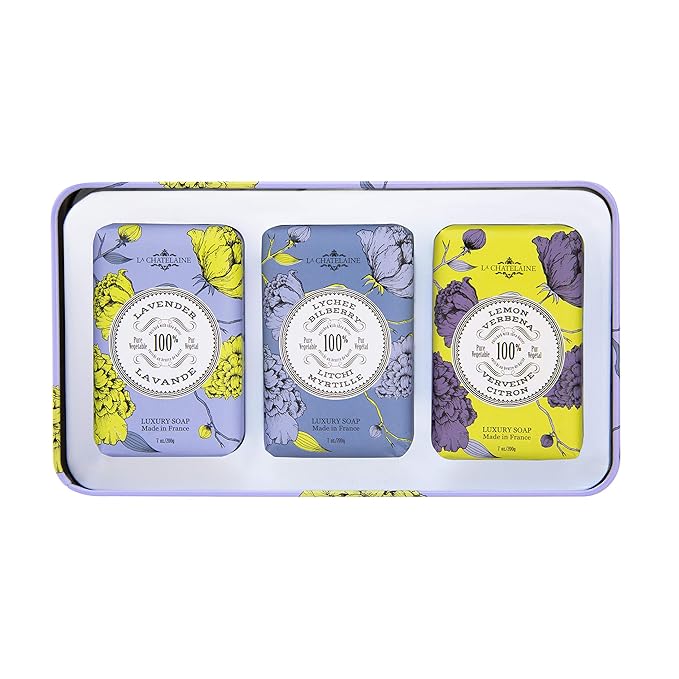 La Chatelaine Luxury Bar Soap Trio Gift Set Tin | Made in France | Natural and Organic | Shea Butter Formula | 3 x 7 oz / 200g - Lavender Soap Trio (Lavender, Lychee Bilberry, Lemon Verbena)