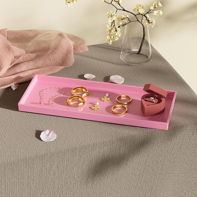 Vanity and Bathroom Tray, 15" ABS Countertop Organizer,Waterproof Vanity Tray for Toilet Tank,Perfume,Soap,Keys,Bathroom Accessories,Kitchen and Bath Trays,Non Slip Small Trays,Pink