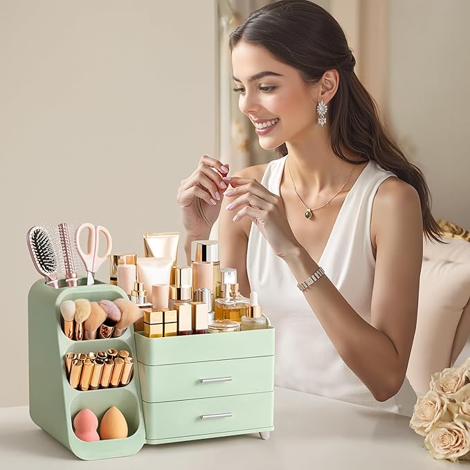 HBlife Makeup Organizer with Brush Holder for Vanity, Large Plastic Bathroom Countertop Organizer Skin Care Storage, Easy to Store Lipsticks, Nail Polishes, Perfumes, Eyeshadow Palettes, All Green