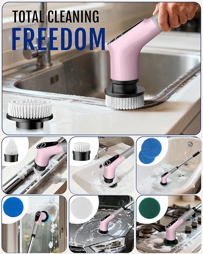 Dovety Electric Spin Scrubber, Cordless Cleaning Brush, Shower Scrubber with 8 Replaceable Brush Head, Power Cleaning Brush with Extension Handle, 2 Adjustable Speed, for Bathtub Grout Tile Floor