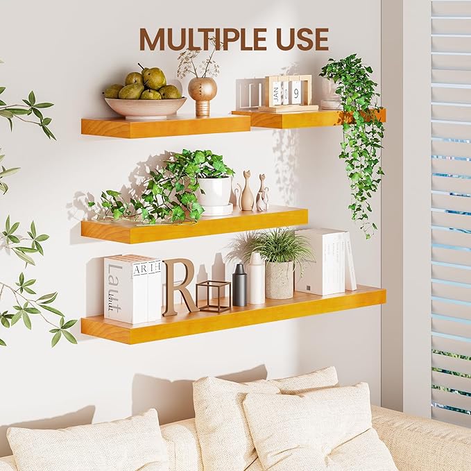 Pine Floating Wall Shelves 24 Inches Long x 8”x 1.4” Wooden Shelf Floating Rustic Farmhouse Decor, Heavy Duty Shelf Hold 60 lbs, Wall Shelves for Bathroom Living Room Kitchen Bedroom Office, Honey Oak