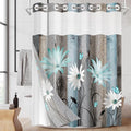 No Hook Rustic Farmhouse Shower Curtain with Snap in Fabric Liner Set, Teal Daisy Flowers and Butterfly on Wooden Double Layers Waterproof with See Through Top Bath Curtain 71x86 Inch