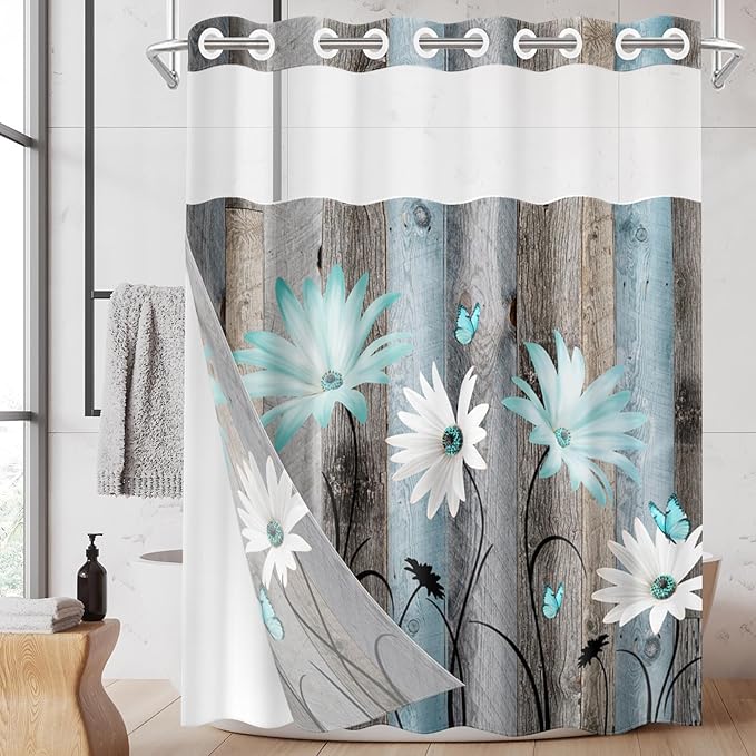 No Hook Rustic Farmhouse Shower Curtain with Snap in Fabric Liner Set, Teal Daisy Flowers and Butterfly on Wooden Double Layers Waterproof with See Through Top Bath Curtain 71x86 Inch