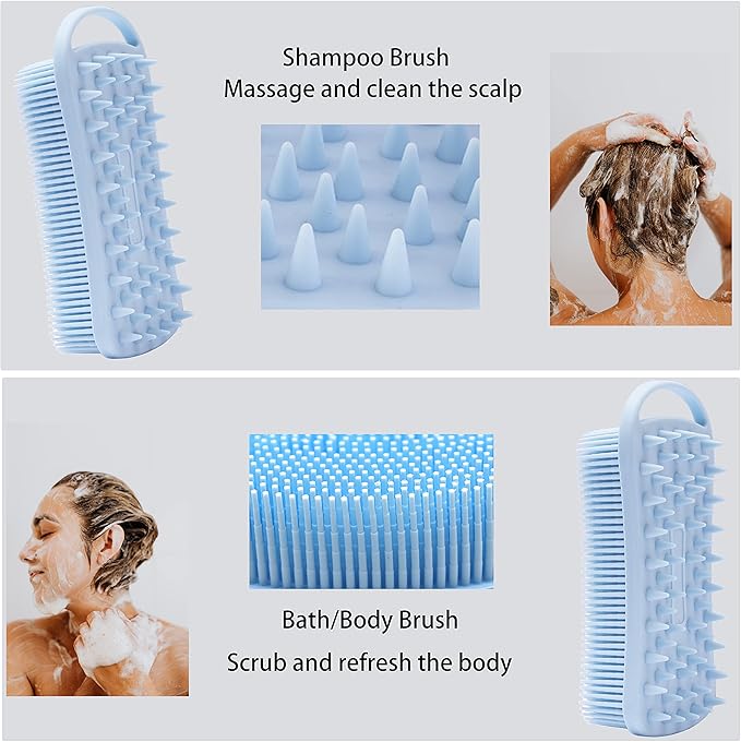 2 PC Silicone Body Scrubber, 2 in 1 Exfoliating Shower Bath Scrubber, Soft Silicone Loofah for Sensitive Skin, Shower Hair Scalp Massager, Easy to Clean, Lather Well (Grey&Blue)