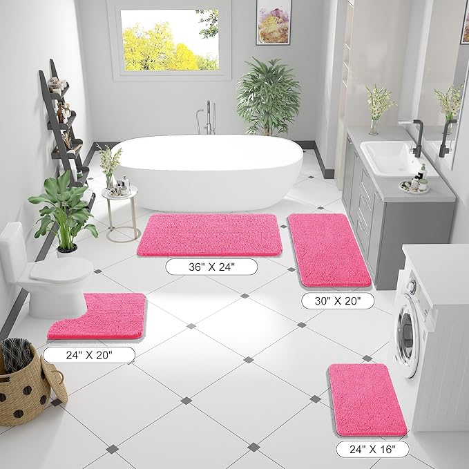 OLANLY Bathroom Rugs 59x24, Extra Soft Absorbent Chenille Bath Rugs, Rubber Backing Quick Dry, Machine Washable Bath Mats for Bathroom Floor, Tub and Shower, Home Decor Accessories, Hot Pink