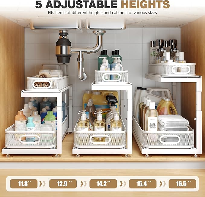 2-Pack 21.3 IN Depth Under Sink Organizer With Next-Gen Ball-Bearing Slides,Sophisticated Mesh 2-Tier Pull Out Shelf for Kitchen & Bathroom,Fits Small Items-Gun Gray