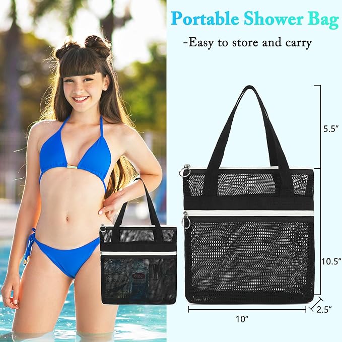 Mesh Shower Caddy Portable with Zipper & 2 Pockets - Quick Dry Shower Caddy Hanging for Travel Gym Camp Beach - Organizer Bag Bathroom Essentials for College Dorm