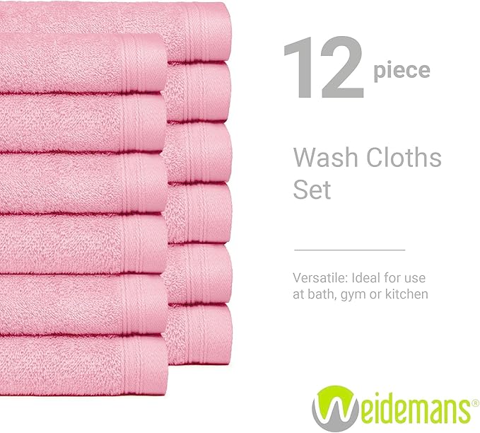 100% Cotton Washcloths Set 13” x 13” | Pink Rose Towels | Set of 12 Ultra Soft and Highly Absorbent Washcloths Sets for Bathroom, Gym, Hotel, Spa | Machine Washable Face Towel
