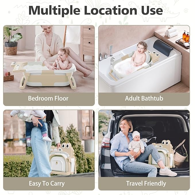 Collapsible Baby Bathtub for Newborn, Foldable Baby Bath Tub with Thermometer & Soft Floating Cushion & Drain Hole, Portable Travel Infant Bath Tubs for Newborns to Toddlers 0-36 Months Boys, Beige