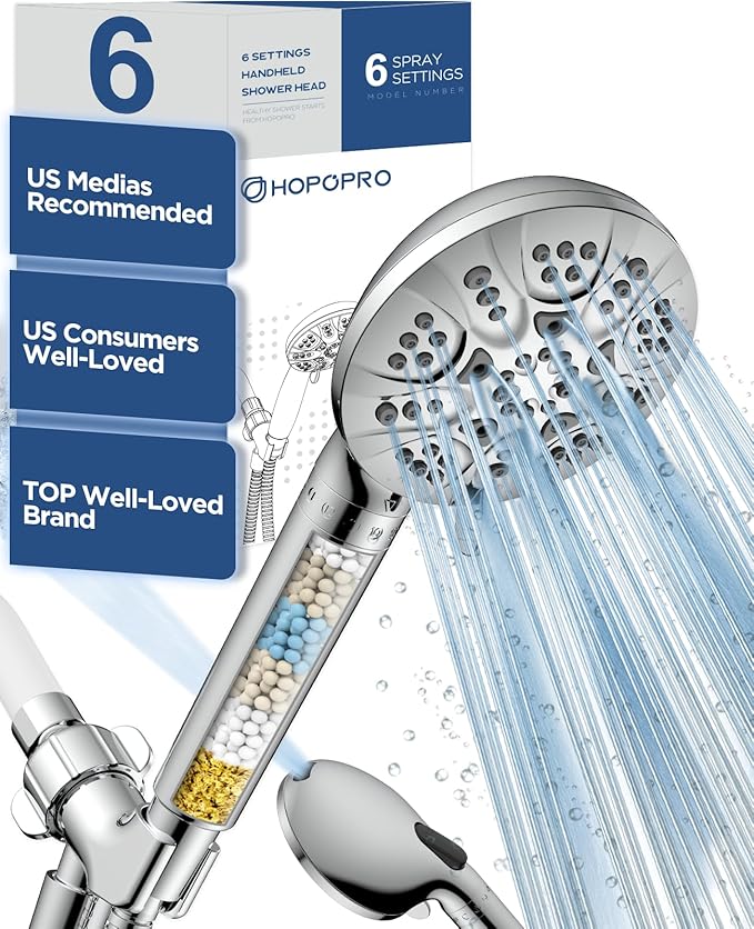 HOPOPRO 7-Setting Handheld Shower Head with Built-in Power Wash, Polished ABS Chrome, 71-Inch Stainless Steel Hose, 360 Rotatable Brass Overhead Bracket, Anti-Leakage Teflon Tape