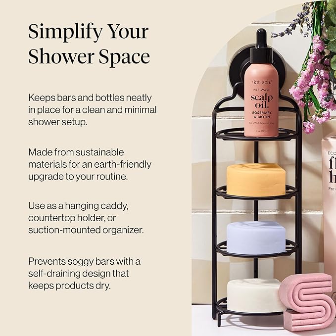 Kitsch Hanging Shower Caddy with Suction Cup – Self-Draining Bar Soap Holder & Shower Caddy for Shampoo Bars, Conditioner Bars & Soap – Rust Proof, Eco-Friendly, Wall Mount or Free-Standing Organizer