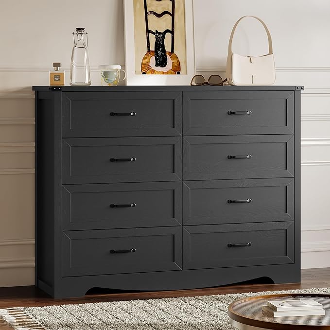 8-Drawer Dresser for Bedroom, Modern Wooden Chest of Drawers with Metal Handles, Anti-Tipping Design, Sturdy and Stable Storage Organizer for Living Room, Entryway, Home Office, Standard
