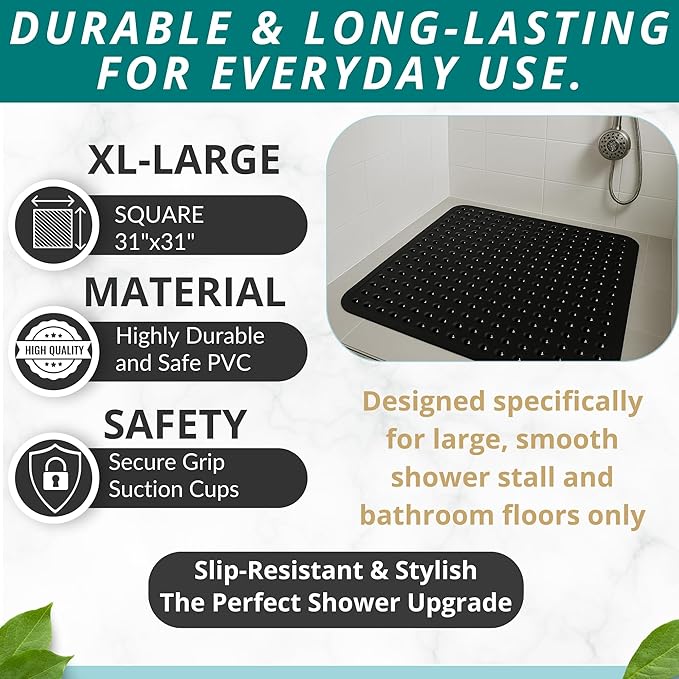 ENKOSI Extra Large Square Non Slip Shower Mat - 31 x 31-inch XL Bathroom Shower Mat - Square Shower Matts for Shower Stall Floors | Secure Suction Cups and Drain Holes (31x31 Black)
