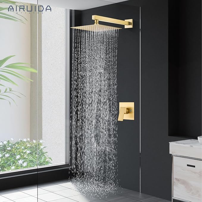 Airuida Shower Faucet Set Bathroom Rain Shower System SUS304 Stainless Steel Single Handle With Male Threads Rough-in Valve Shower Trim Kit 12 Inch Wall Mount Shower Head Brushed Gold