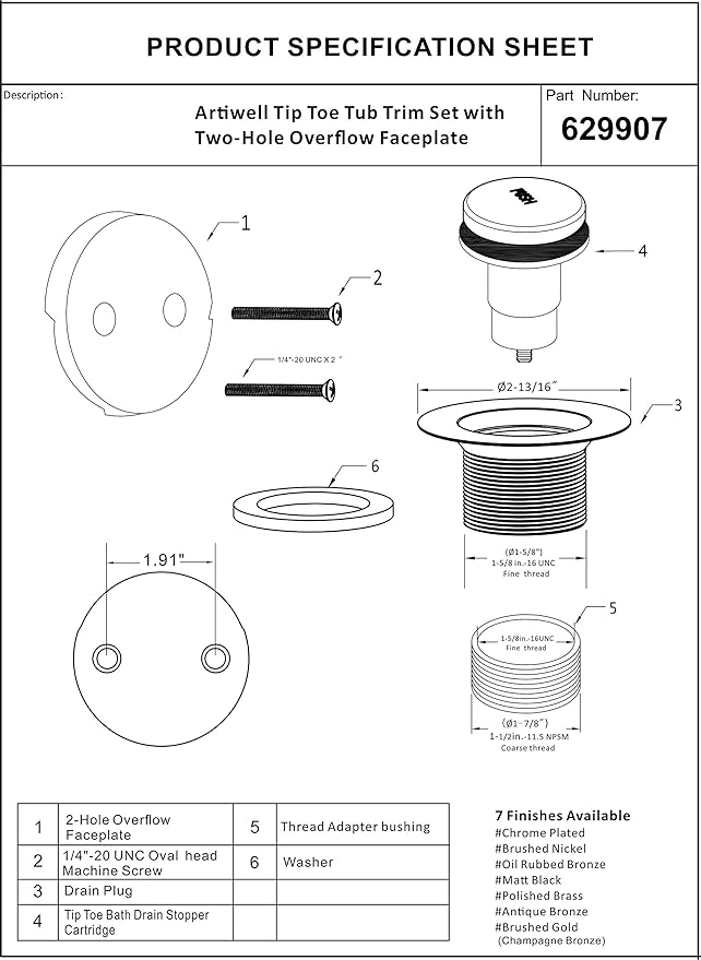 Artiwell Tip-Toe Tub Trim Set with Two-Hole Overflow Faceplate, Replacement Bath Drain Trim Kit with 2-Hole Overflow Faceplate and Universal Fine/Coarse Thread (Brushed Nickel)