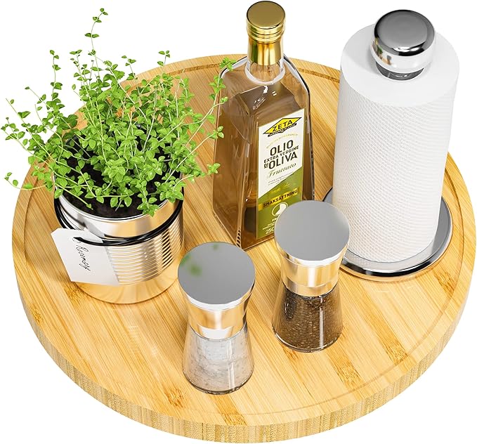 Lazy Susan for Table, 12 Inch Non-Skid Bamboo Turntable Organizer for Salt Pepper Spices and Olive Oil Next to Stove, Wooden Lazy Susan Organizer for Kitchen Countertop Organizer