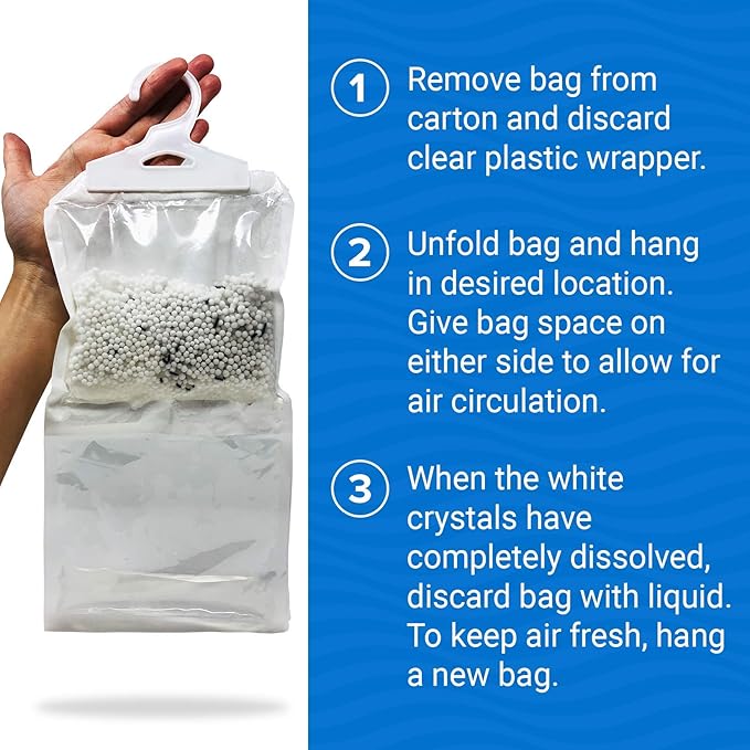 4 Pack Moisture Absorber Hanging Bags, Boat Dehumidifier with Charcoal, Unscented, Removes Dampness and Musty Odors, Ideal for Basement, Closet, Home, Car, RV, and Boating