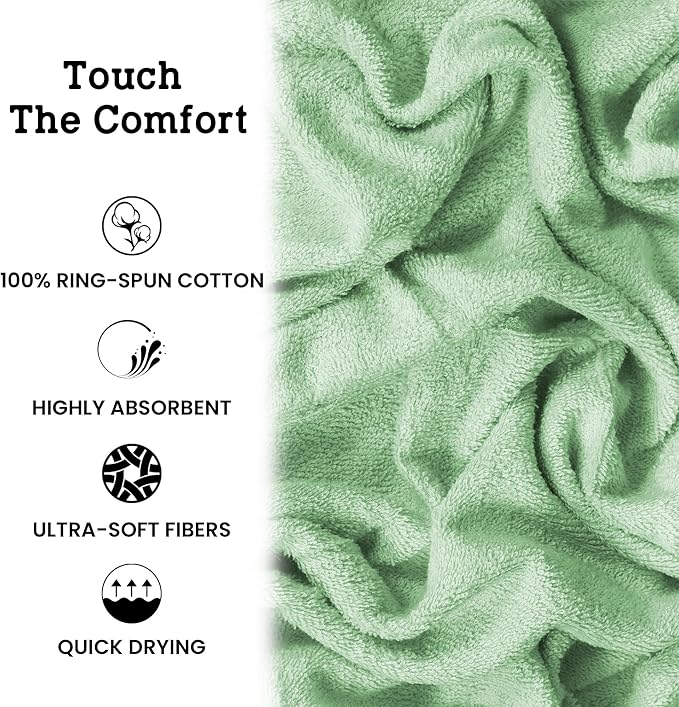 Casa Lino 100% Cotton Bath Towels Set of 4 (1 Bath Towel, 1 Hand Towel & 2 Wash Cloths) - Bathroom Towels and Washcloths Set - Complete Bathroom Set - Guest Room Essentials - (Light Sage Green)