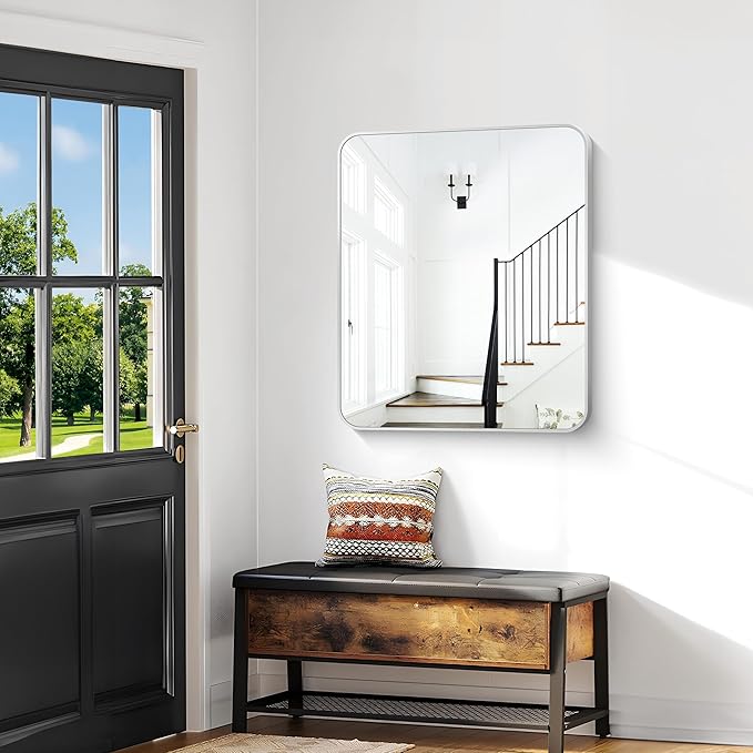 BONEWEI Silver Bathroom Mirror,30x36 inch Wall Mirror for Bathroom Wall Mounted,Rectangle Mirror for Bathroom Over Sink,Modern Frame Round Corner for Living Room,Bedroom Entryway,Horizontal/Vertical