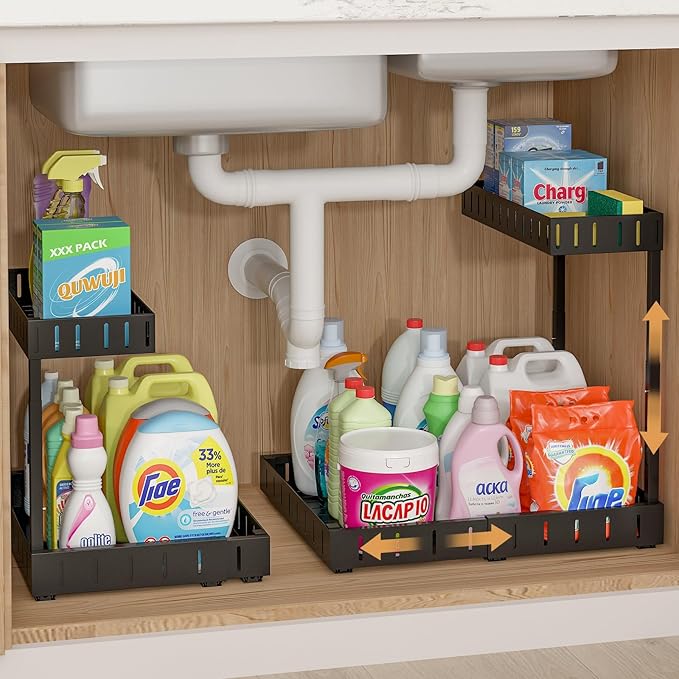 REALINN Under Sink Organizer, 2 Tier Expandable Under Cabinet Organizer, Heights Adjustable Pull Out Storage for Kitchen Bathroom Laundry, Black, 2 Pack