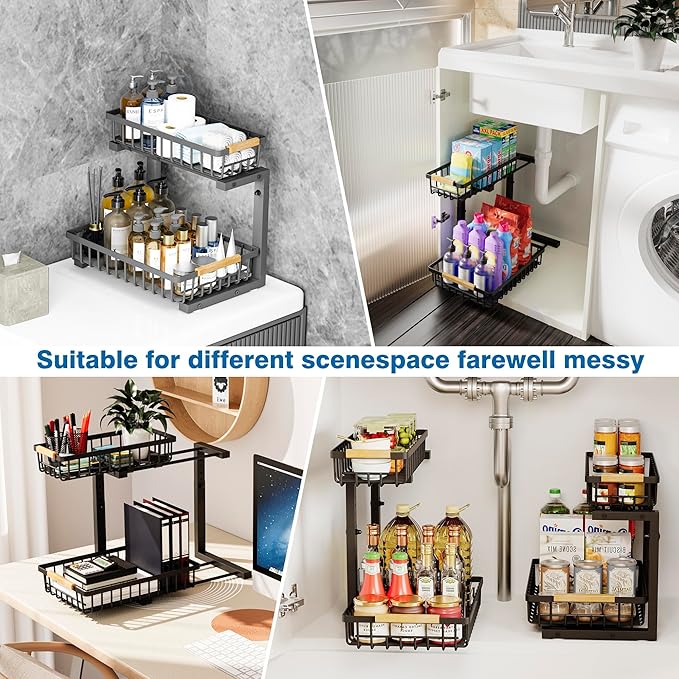 Under Sink Organizers, 2 Tier Pull Out Under Cabinet Organizer，Height Adjustable Pull Out Cabinet Drawers, Metal Sliding Drawer for Kitchen Bathroom Pantry Cabinet Closet Organization Rack，2 Packs