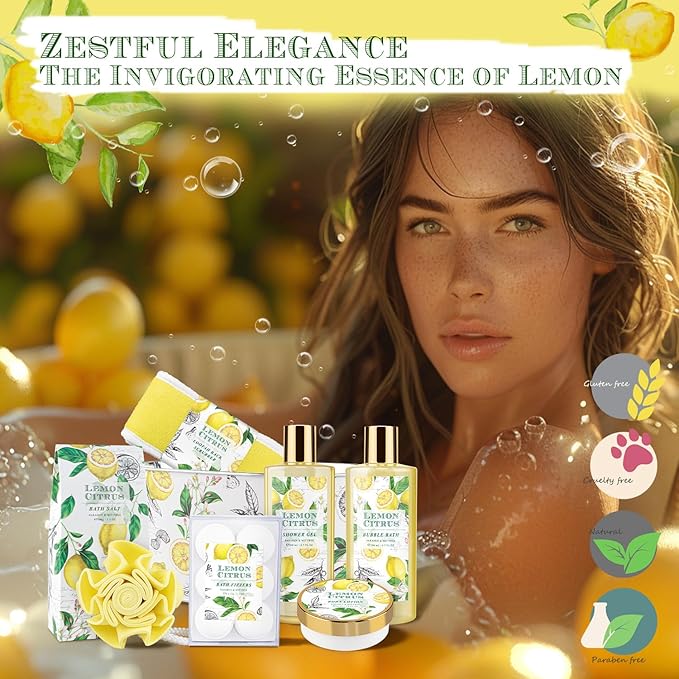 Bath Gift Set, Lemon Citrus Spa Gift Basket for Women, Includes Shower Gel, Bubble Bath, Body Lotion, Bath Frizzes 8 Pcs, Great Gift Idea for Her Birthday